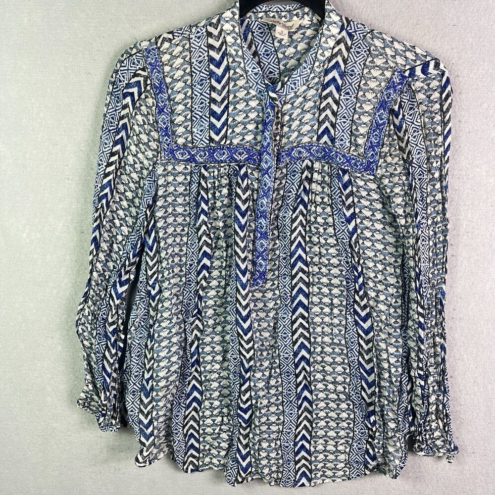 Lucky Brand Top Women Small Blue Blouse Buttons Pullover  Long Sleeve Beads Boho
